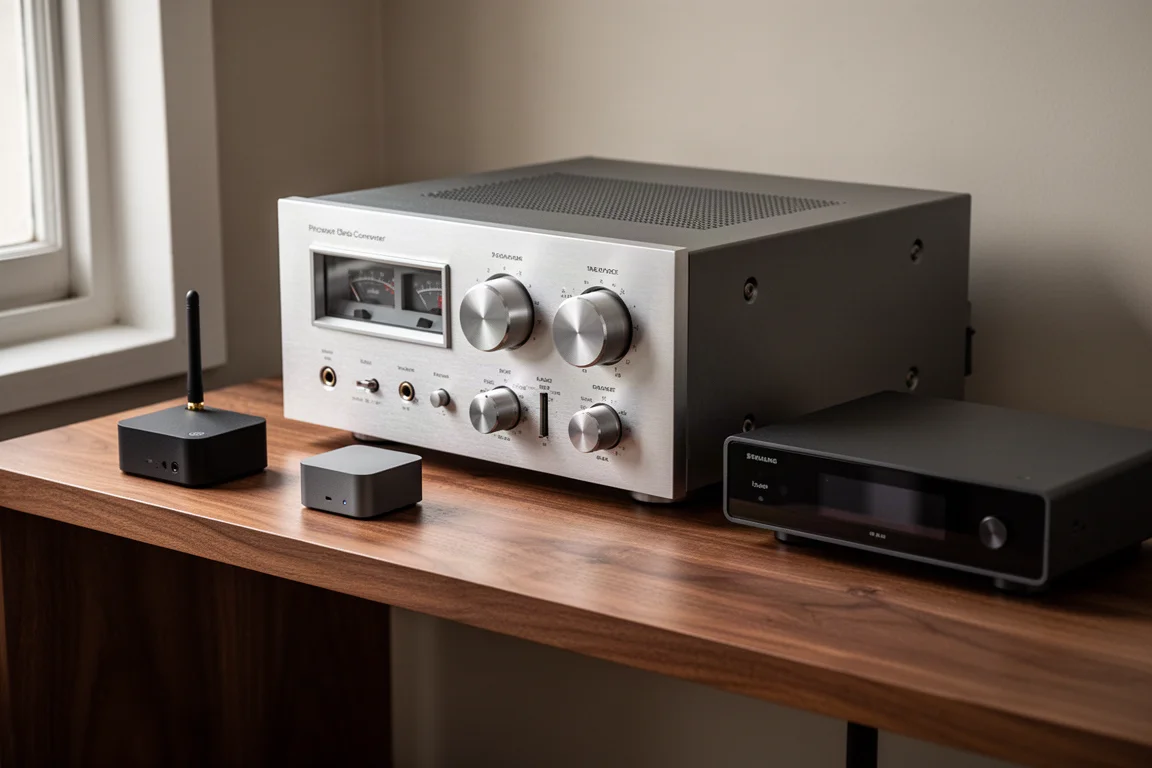 Vintage silver stereo receiver with three compact modern audio devices on a walnut shelf
