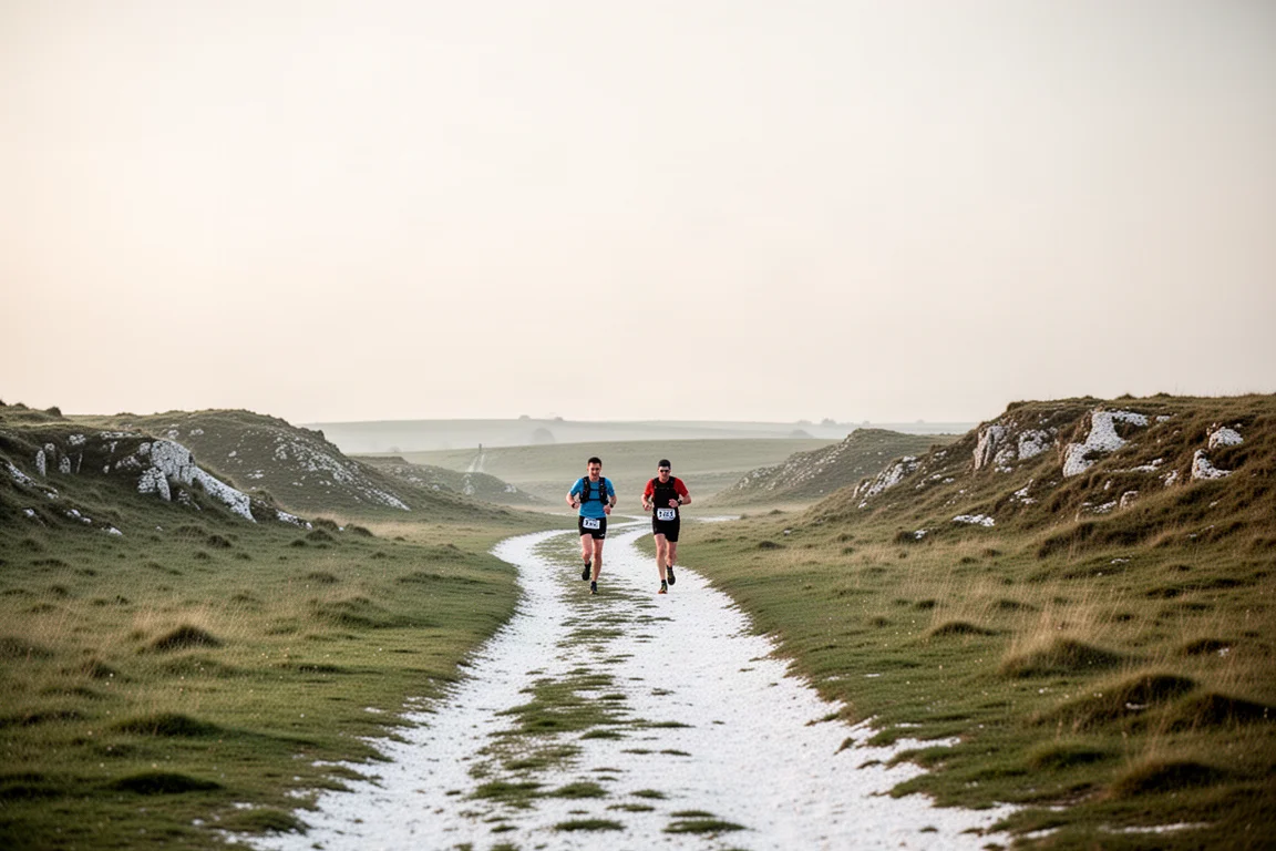Two runners on a chalk trail crossing open downland under a wide sky