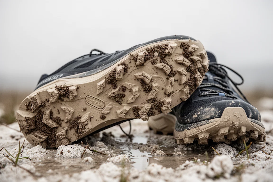 Close view of a muddy lugged trail shoe sole caked in pale clay