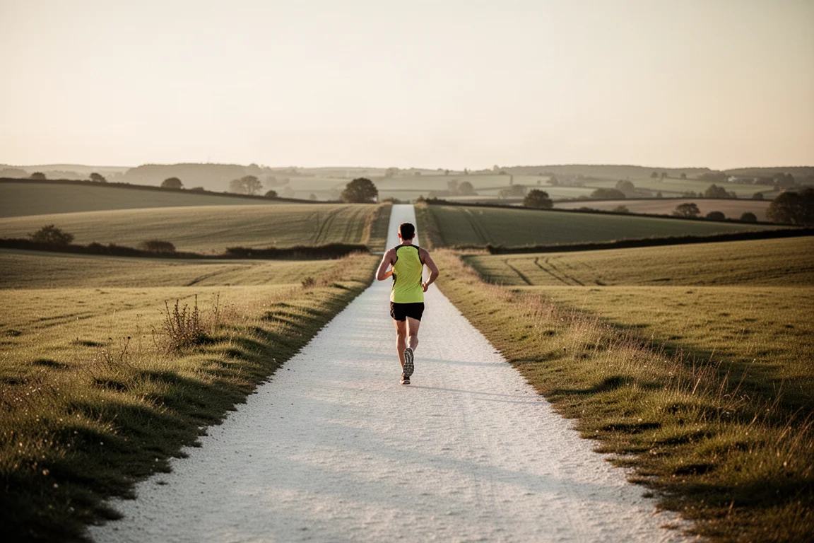 Long-distance runner on a chalk descent in late afternoon light