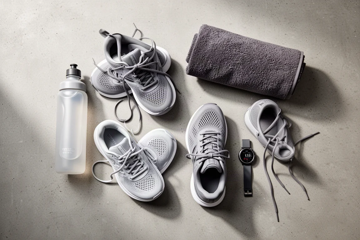 Budget running shoes and a water bottle laid out on concrete