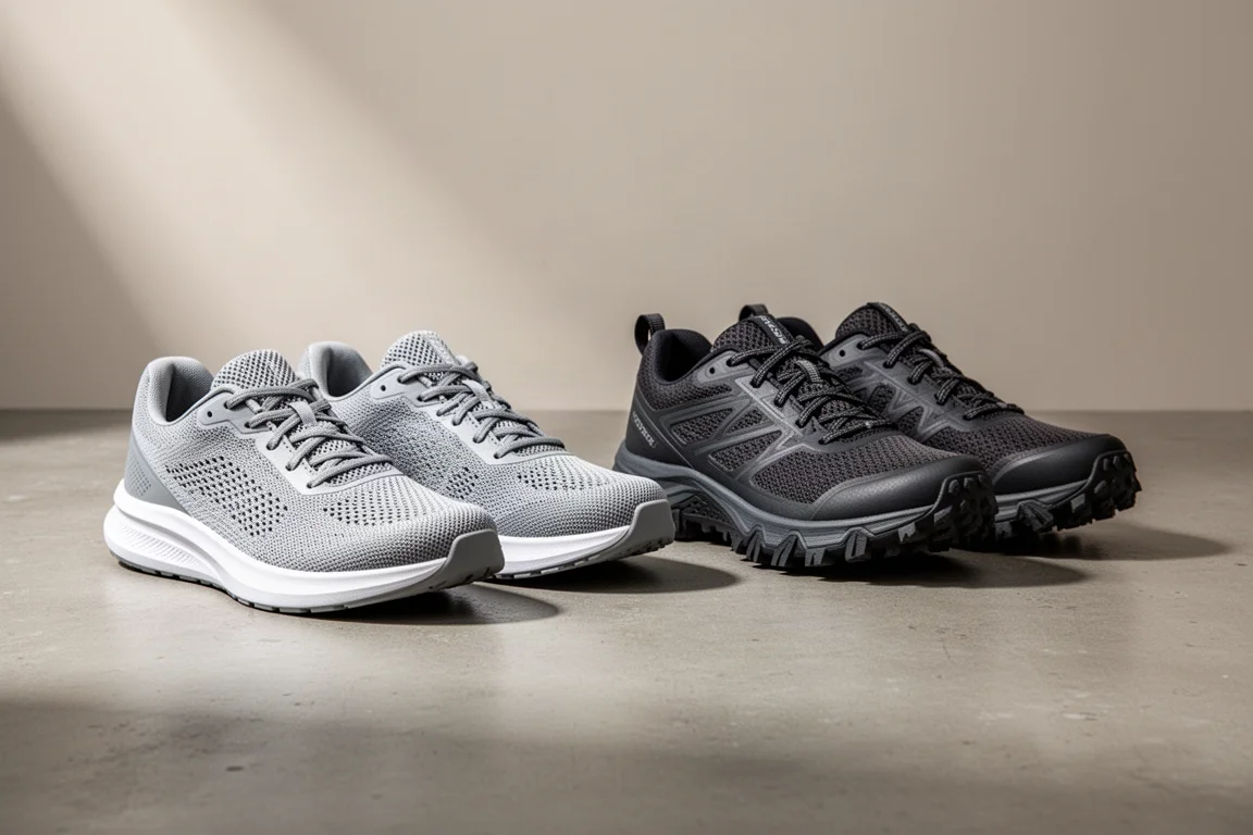 Twee paar goedkope hardloopschoenen, één wegmodel en één trailmodel, op een betonnen ondergrond