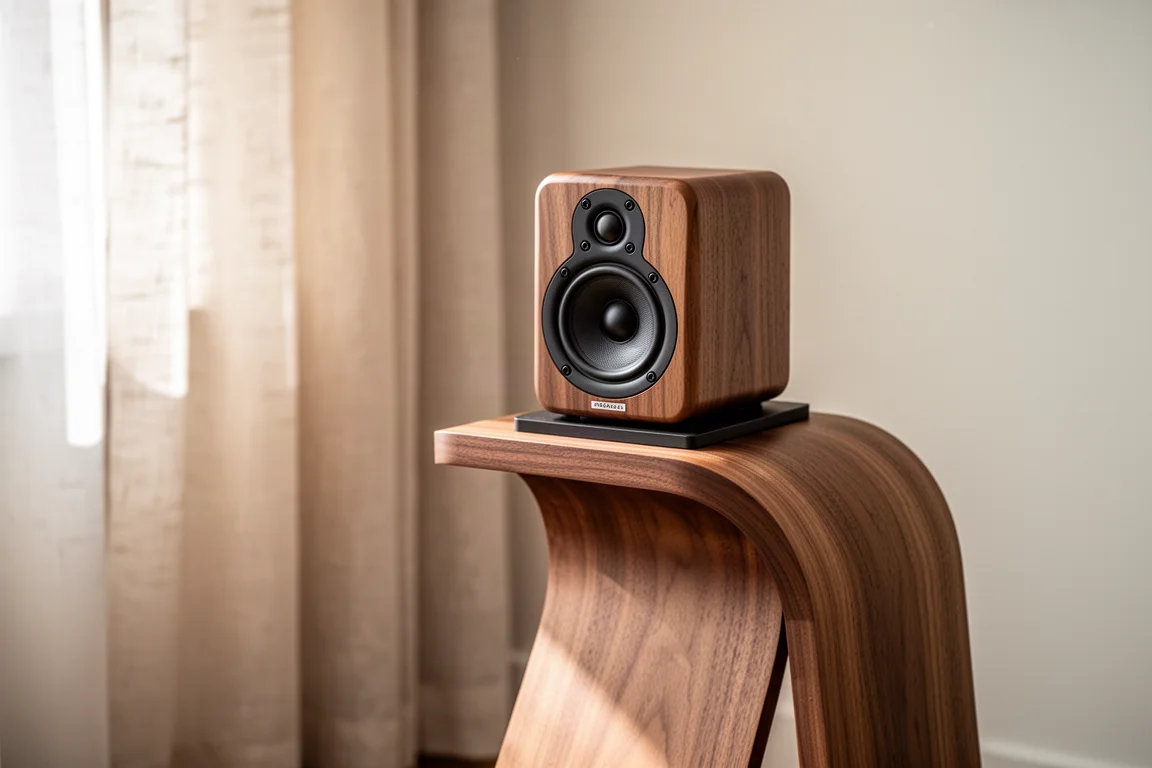 Primo piano di un supporto curvo in legno per diffusori con un piccolo diffusore alla luce del giorno