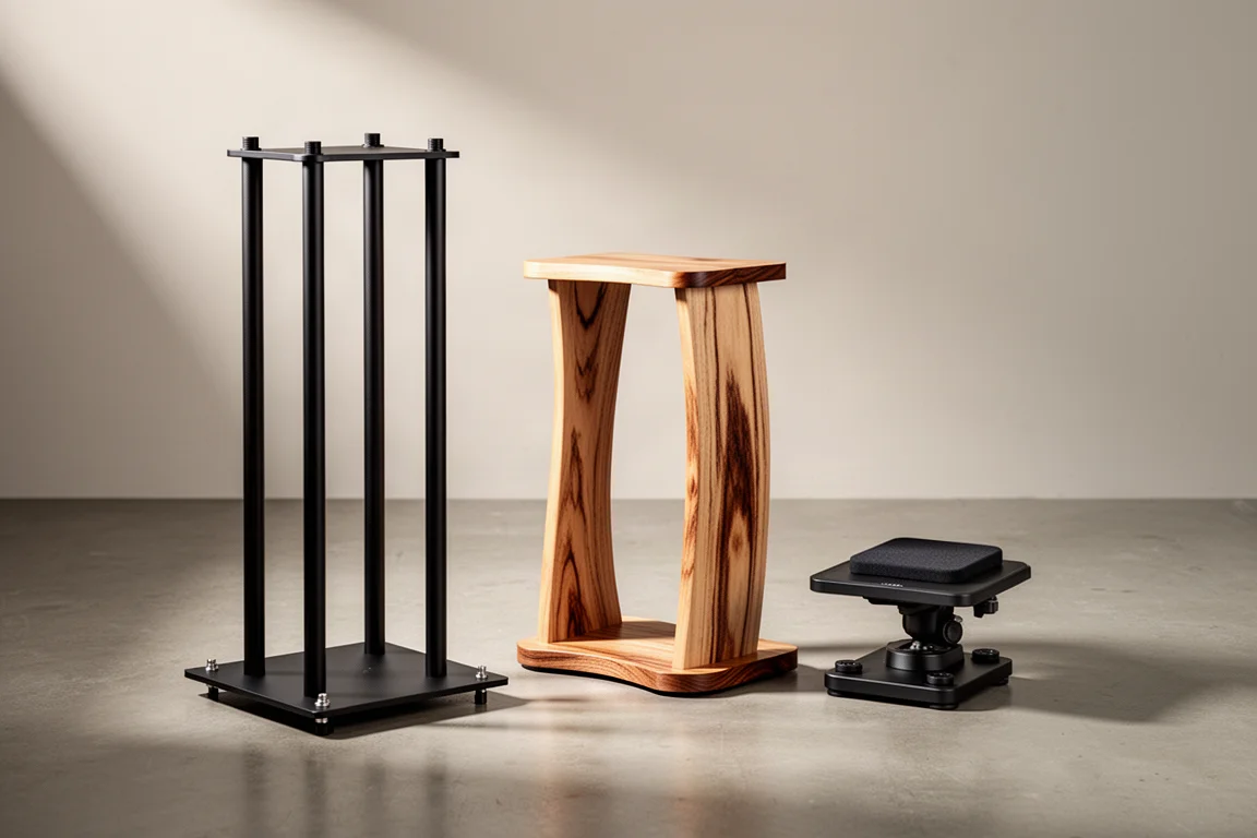 Three speaker stands of different types arranged in a row on a concrete floor