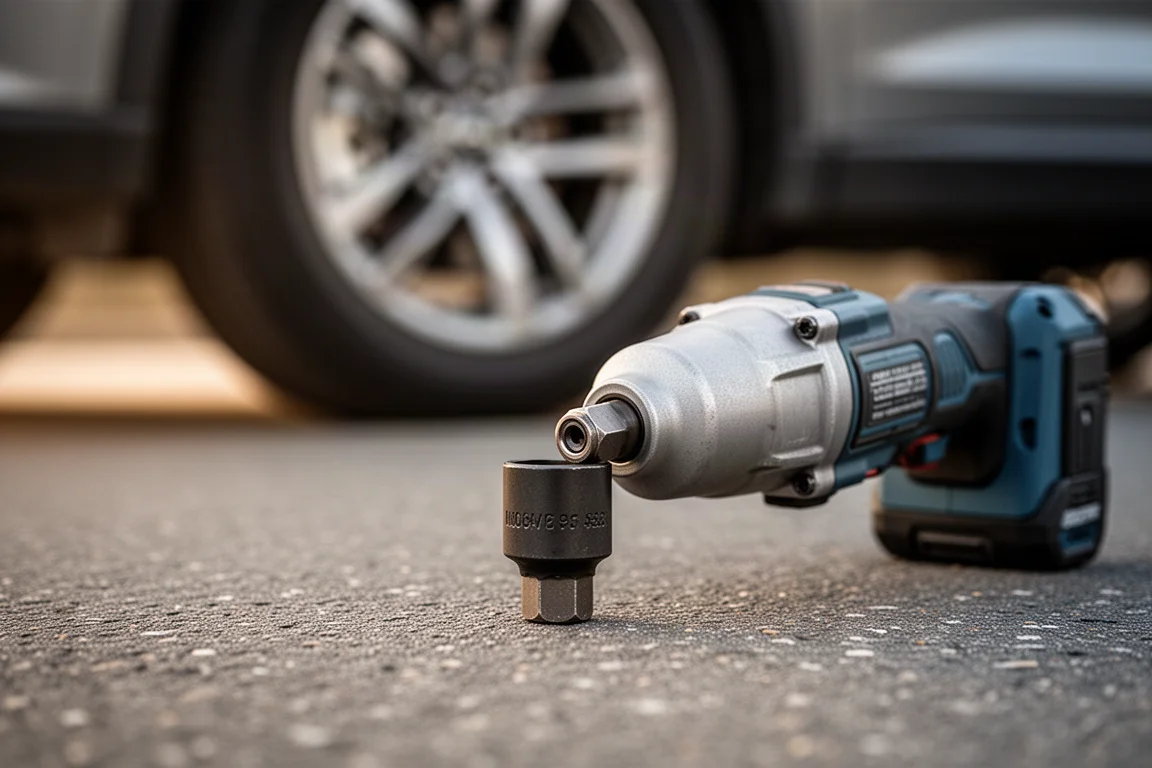 Schlagschrauber-Nuss liegt auf einer Radmutter eines Autos auf der Einfahrt