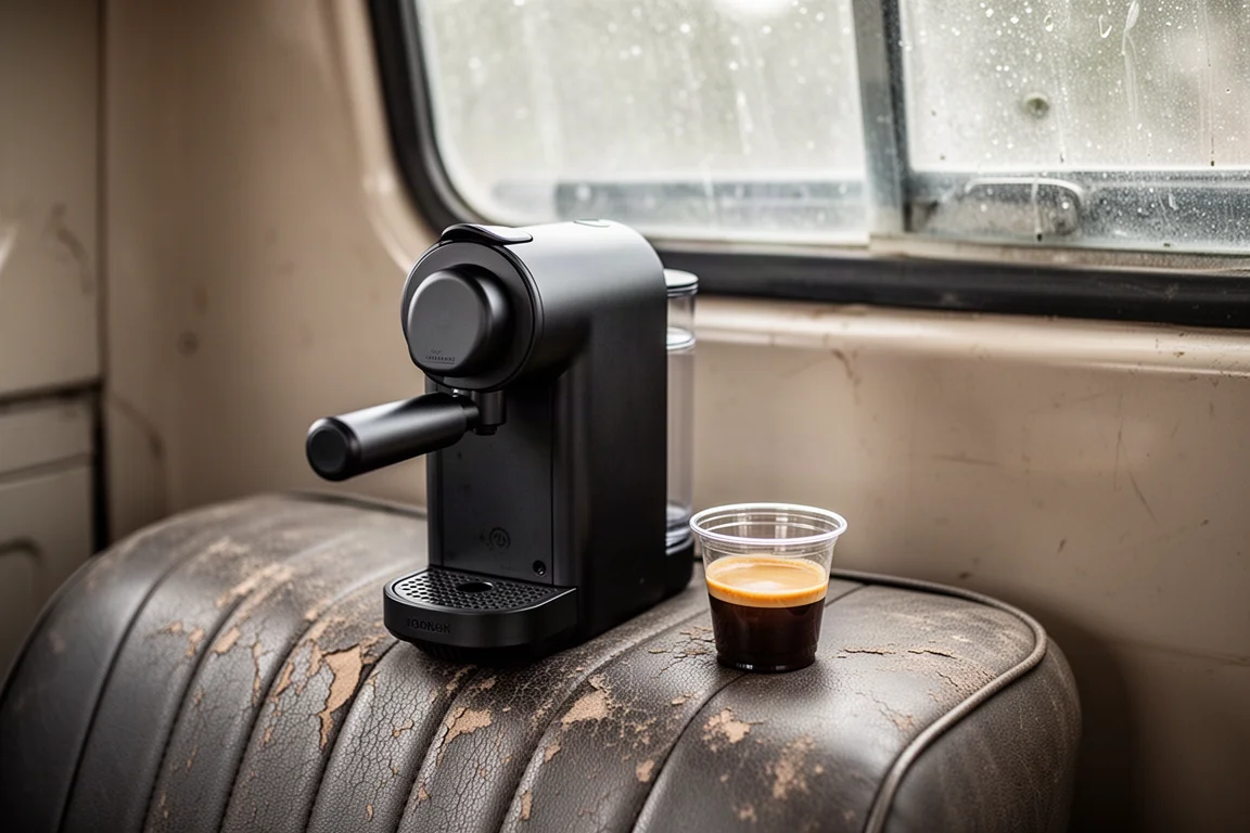 Draagbare espressomachine rustend op een truckstoel met een vers kopje koffie