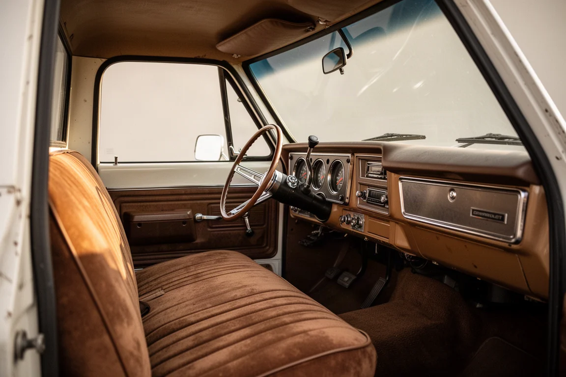 Interieur van een oudere pick-up truck met versleten bank en klassiek dashboard
