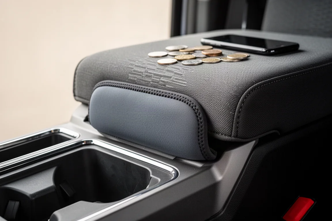 Close-up van een neopreen kraptevuller tussen een autostoel en de middenconsole geklemd