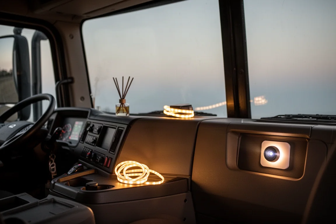 Truckcabine met kleine accessoires die in zacht licht op het dashboard liggen