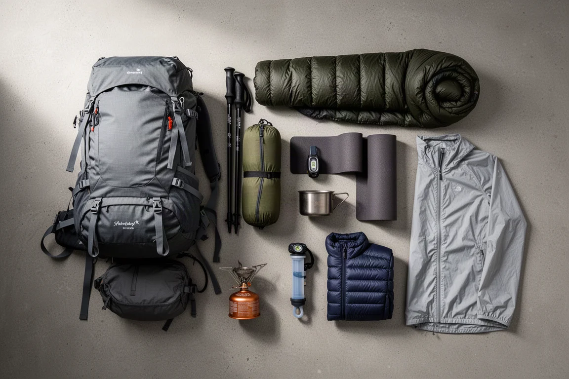 Complete ultralight backpacking kit arranged as a flat-lay on a concrete surface