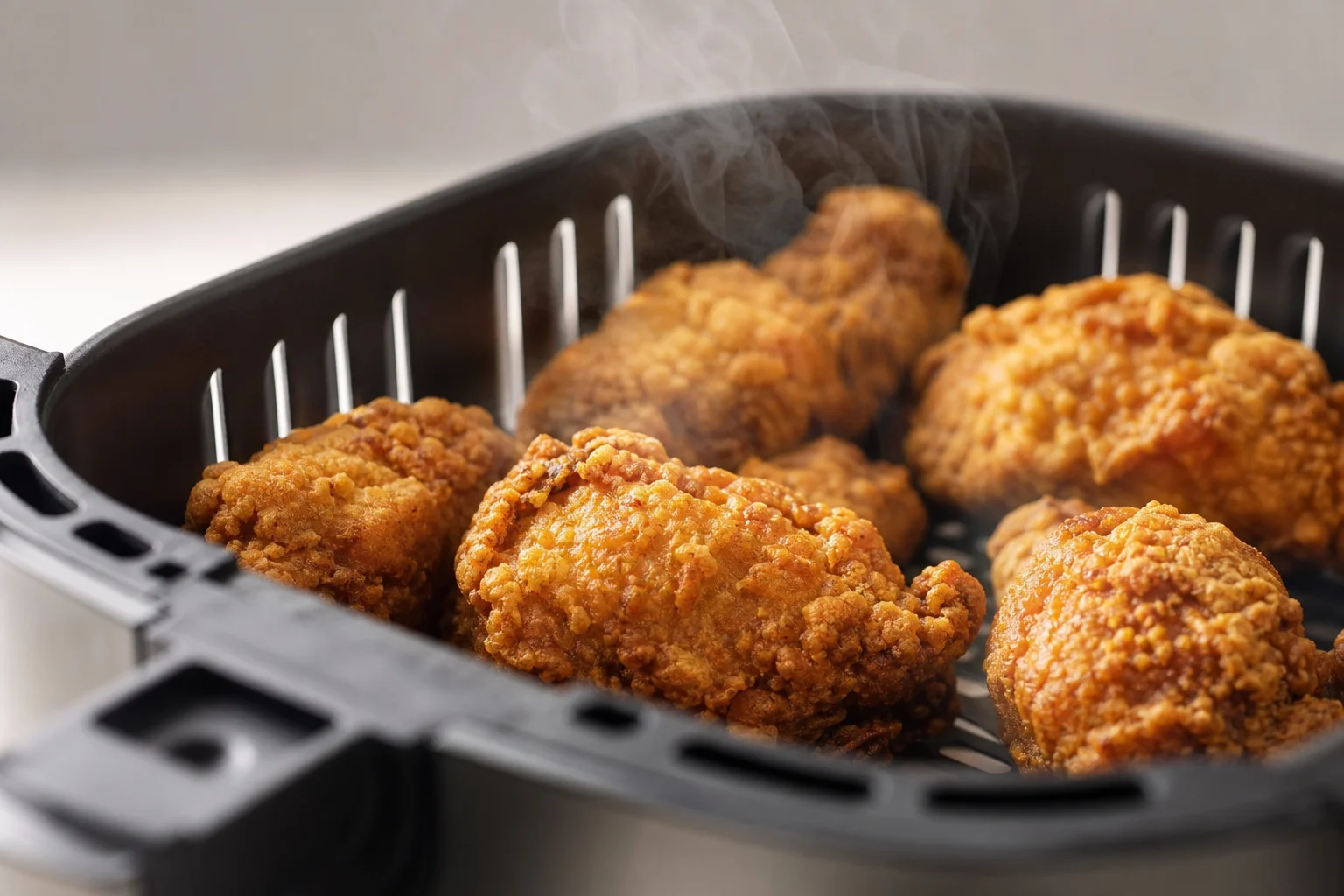 Närbild på krispig, gyllene friterad mat i en airfryer-korg