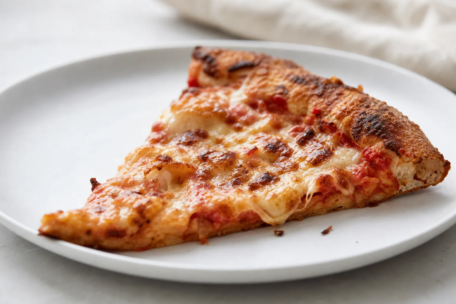En bit uppvärmd pizza med krispig kant på en vit tallrik