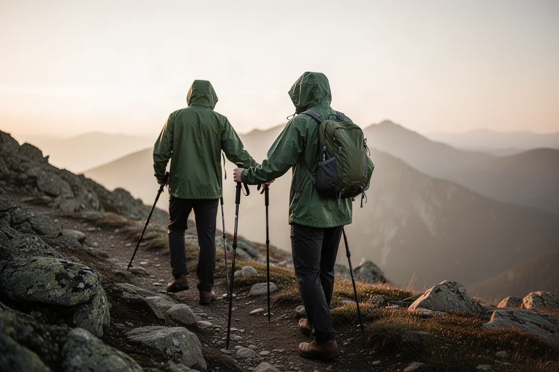 Flache Draufsicht auf ordentlich ausgelegte Trekkingausrüstung auf einem Betonboden