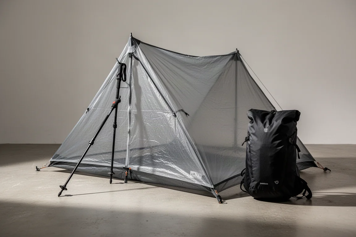 Barraca ultraleve e mochila preta sobre superfície neutra para comparação de equipamento de mochilão