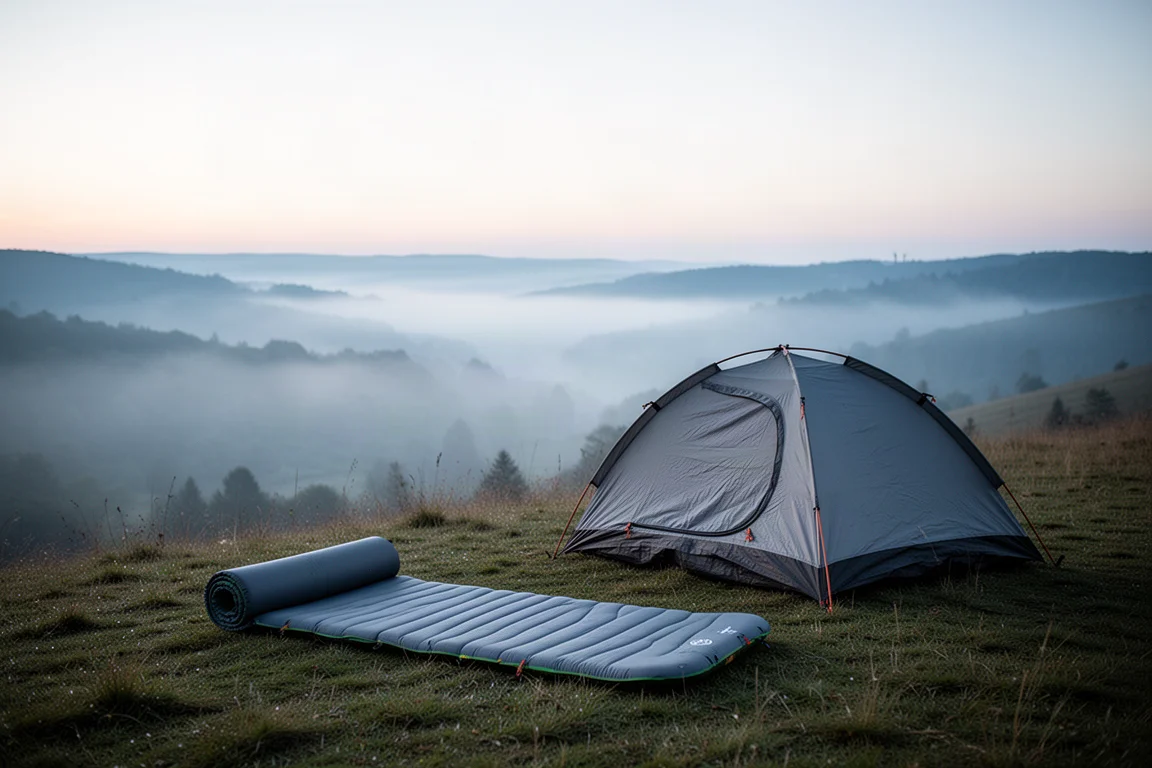 Camping op een heuvel bij het eerste licht met een slaapmat en kleine tent op platgetrapt gras