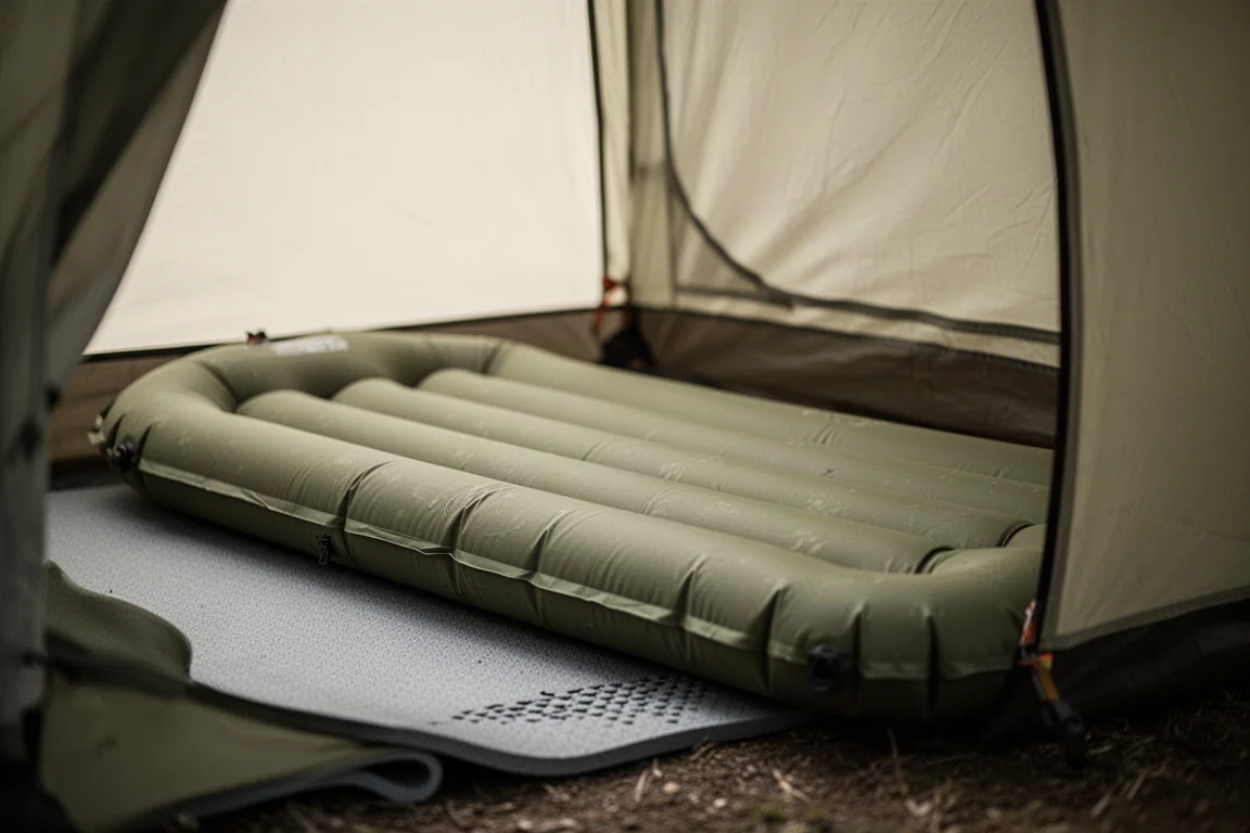 Opgeblazen slaapmat in een kleine tent met een dunne foammat eronder