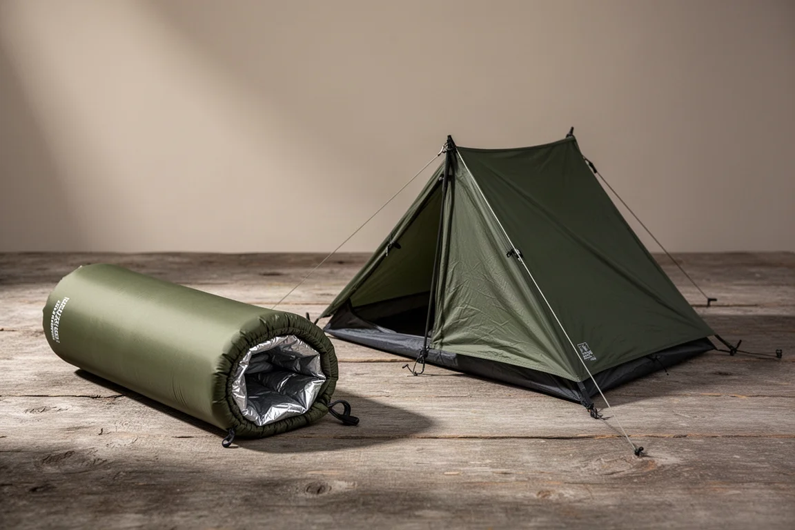 Rolled ultralight sleeping pad and a compact one-man tent arranged on a weathered wooden surface