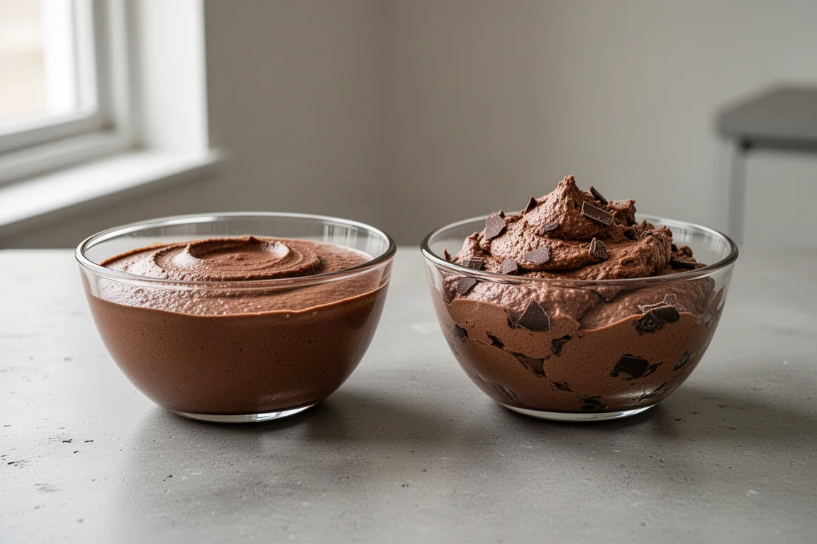 Due ciotole di mousse al cioccolato affiancate, una liscia e lucida, l'altra con visibili scaglie di cioccolato
