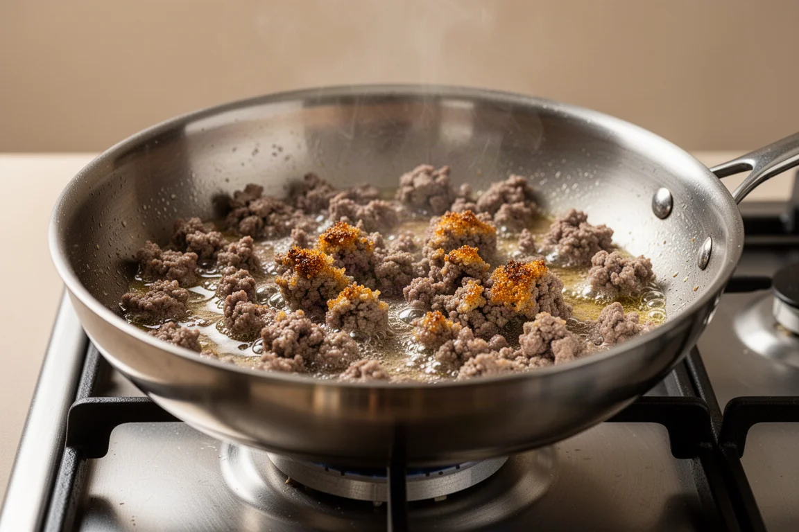 Carne macinata di manzo che rosola in una padella rovente, con il grasso che si scioglie attorno alla carne sgranata