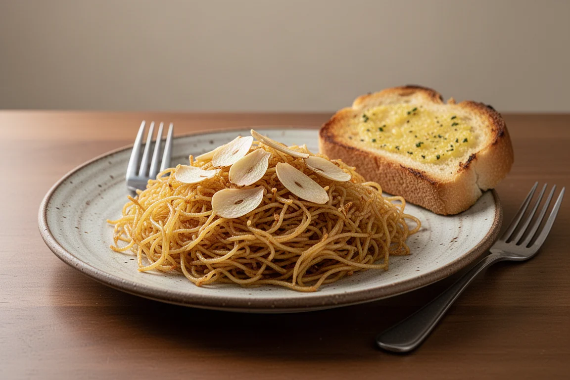 Un piatto di tagliolini all'aglio croccanti accanto a una fetta di pane all'aglio su un tavolo rustico