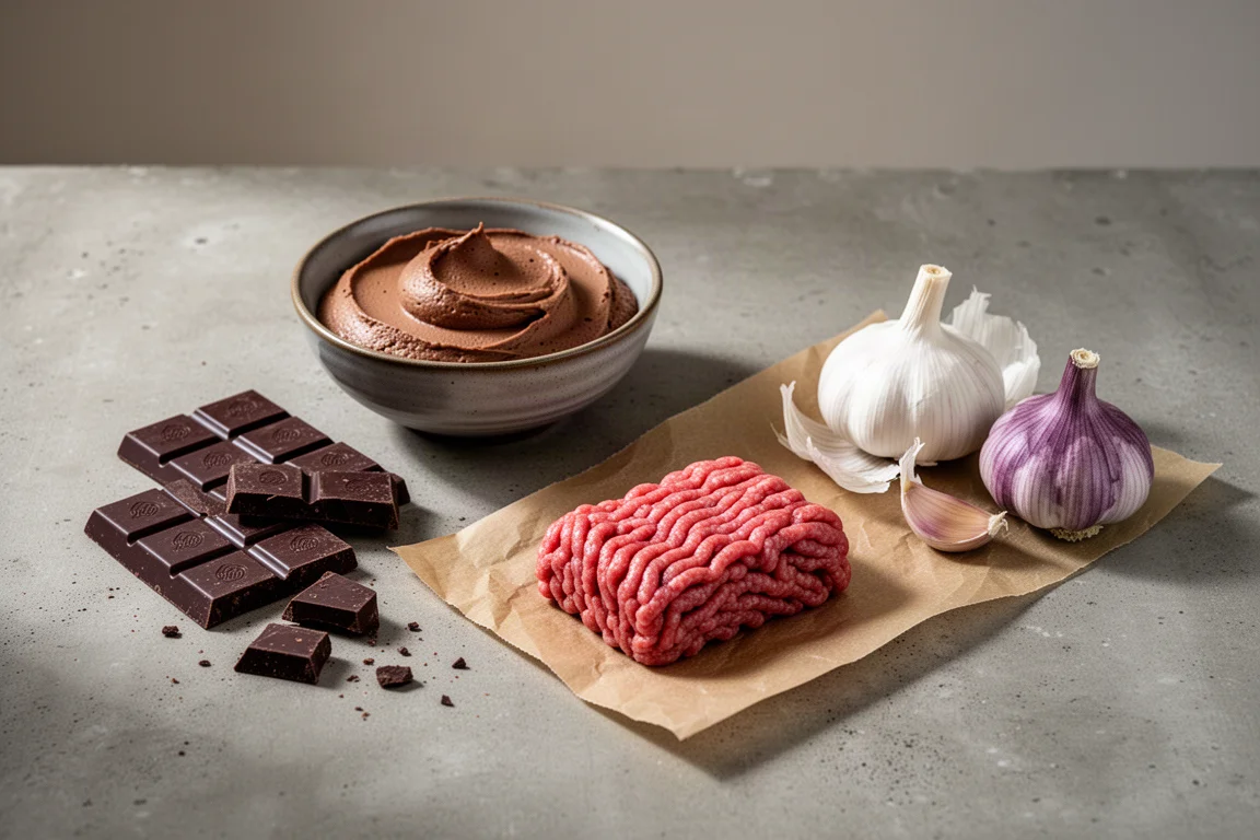 Chocolate shards, a bowl of mousse, raw beef mince and two garlic bulbs arranged on a kitchen table