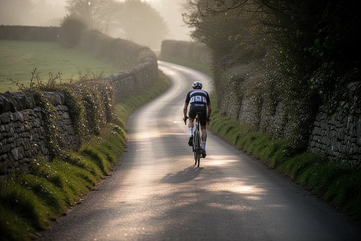 Road cyclist climbing a narrow countryside lane at golden hour