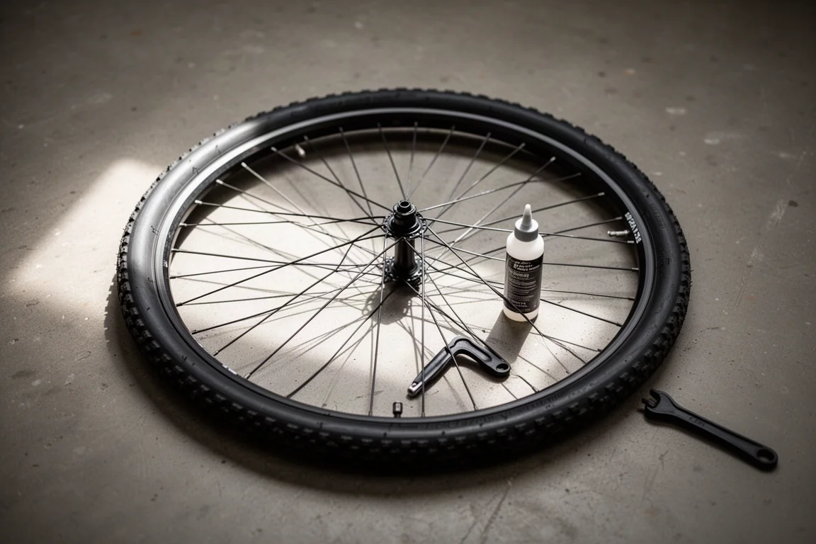 Bicycle wheel lying flat with tubeless sealant and tyre lever nearby