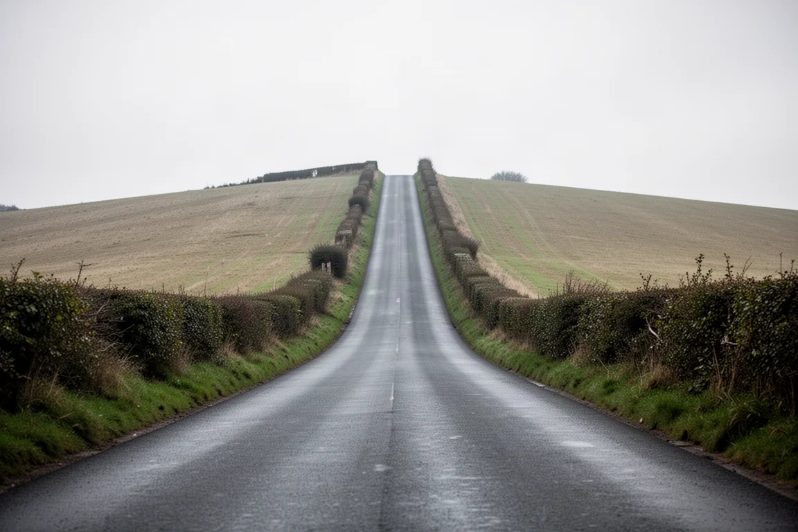 Steep narrow hill road climbing between open fields under an overcast sky