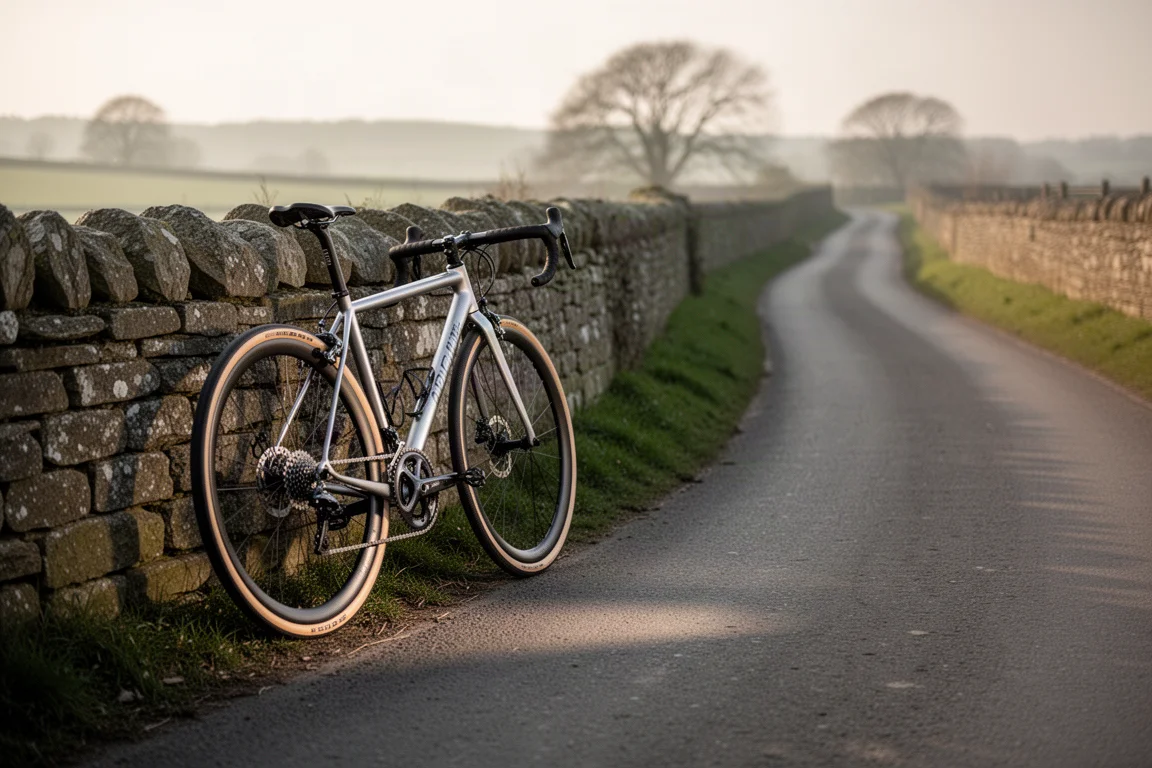 Road bike leaning against a stone wall beside a quiet country lane