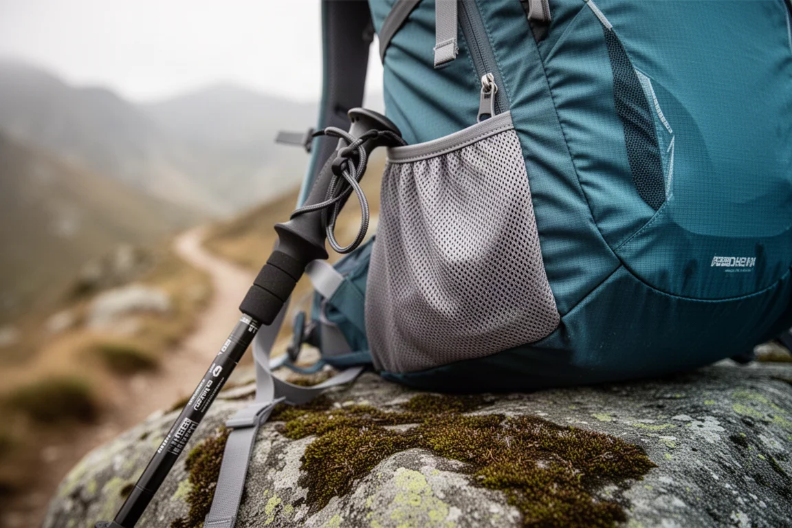 Nahaufnahme einer Trekkingstock-Schlaufe und einer Meshtasche an einem leichten Wanderrucksack