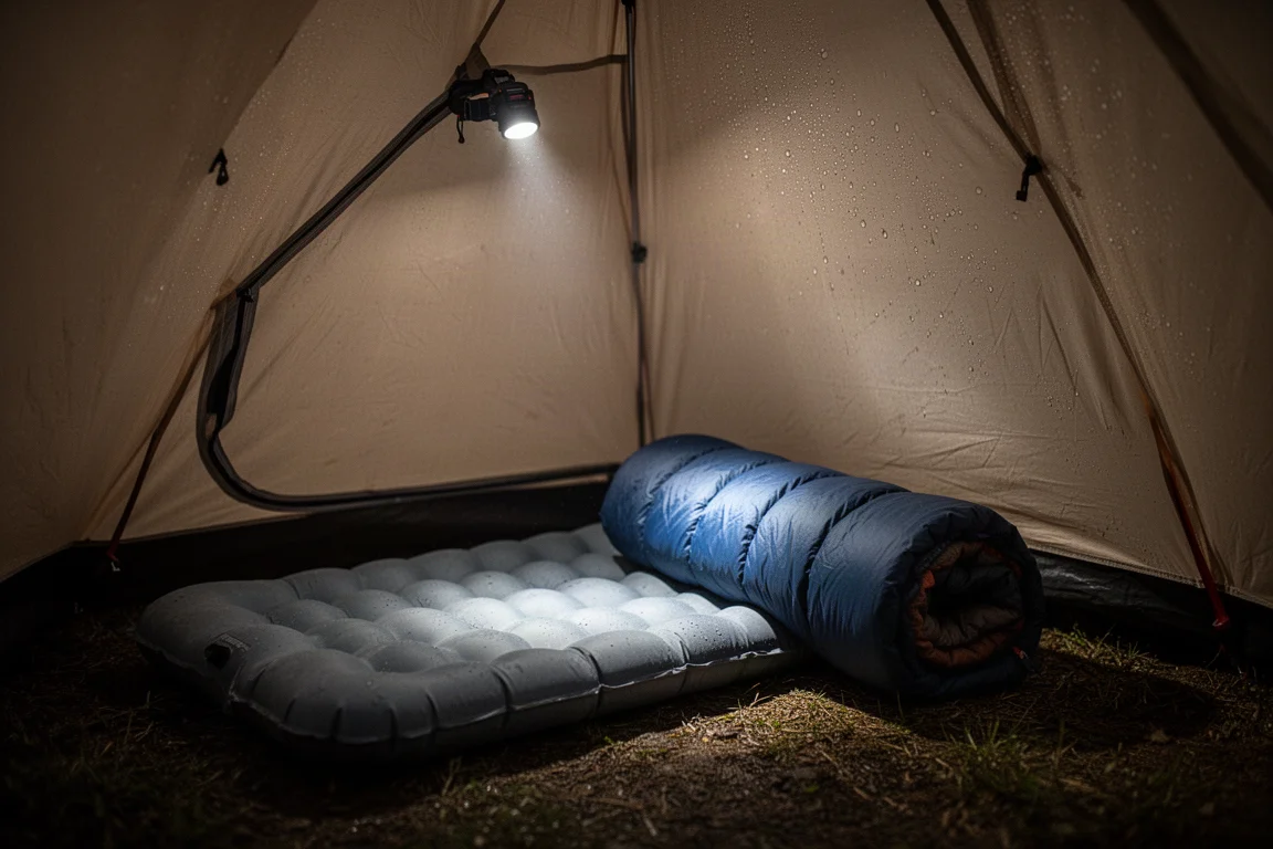 In einem kleinen Zelt bei Nacht mit aufgeblasener Isomatte und gerolltem Schlafsack