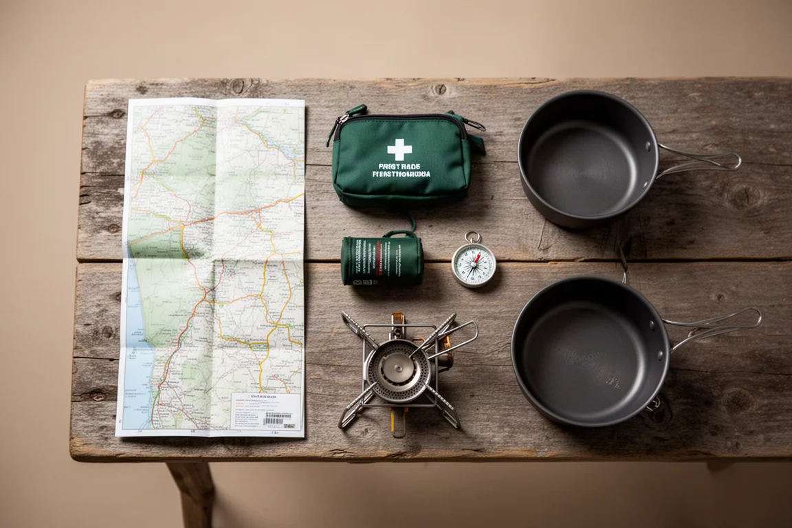 Flach gelegte Camping-Essentials mit Karte, Kompass, Erste-Hilfe-Beutel und Kochtopf