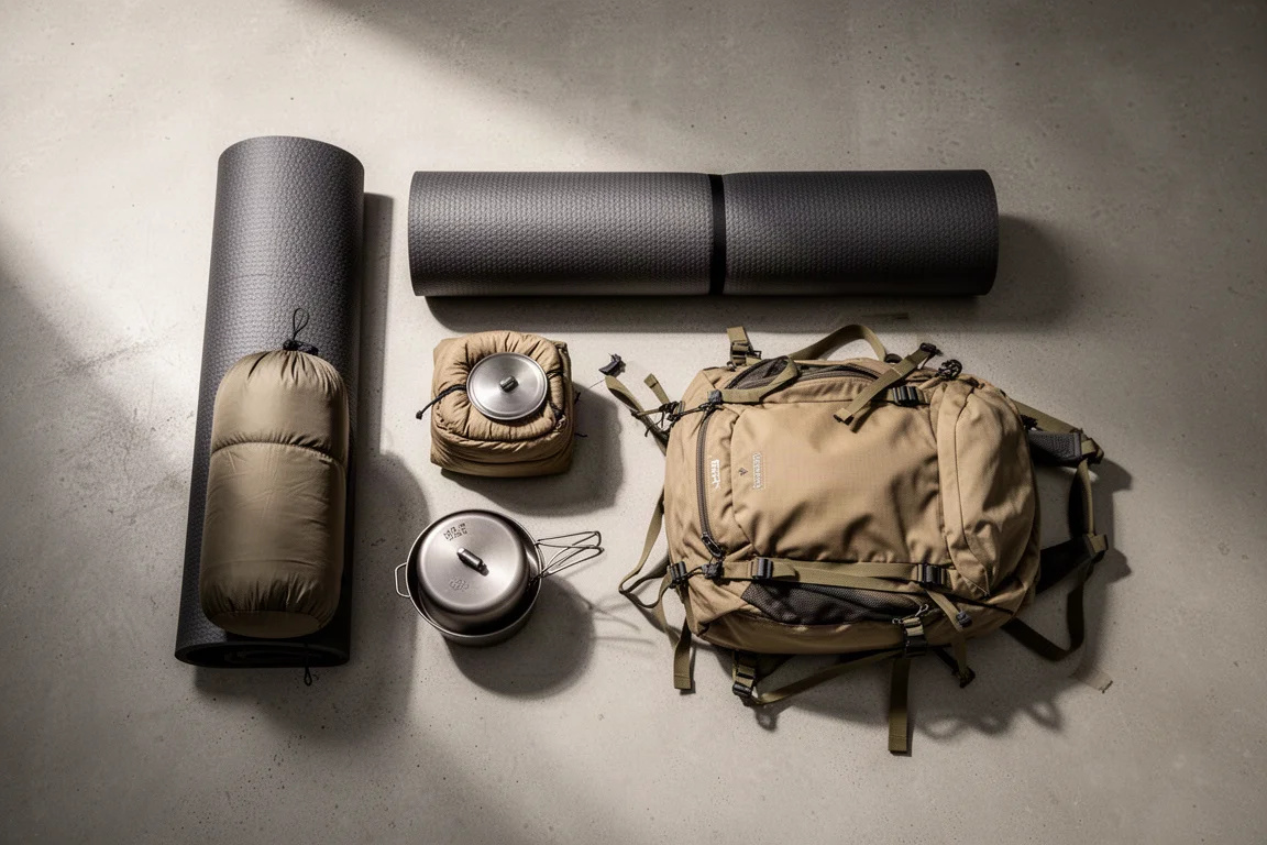 Flat-lay of camping kit including sleeping pad, sleeping bag, titanium pot, backpack, and bivy sack