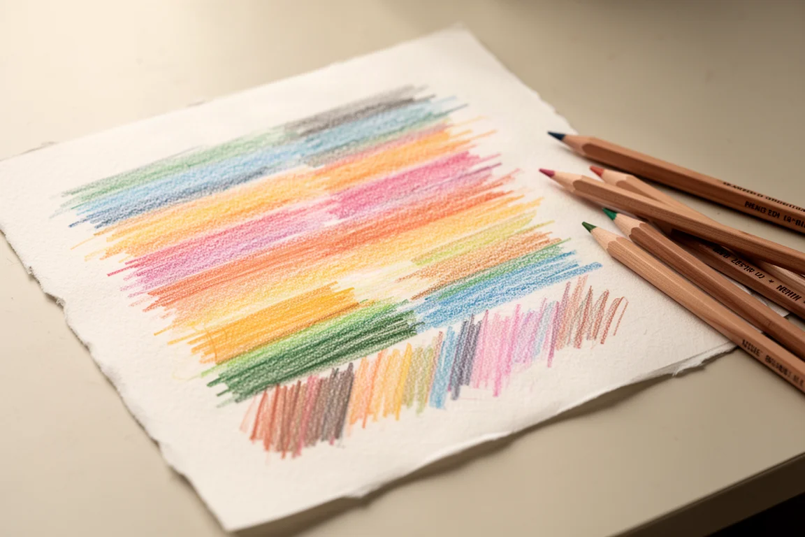 Artista che crea campionature di tratti di matita colorata su carta da disegno bianca