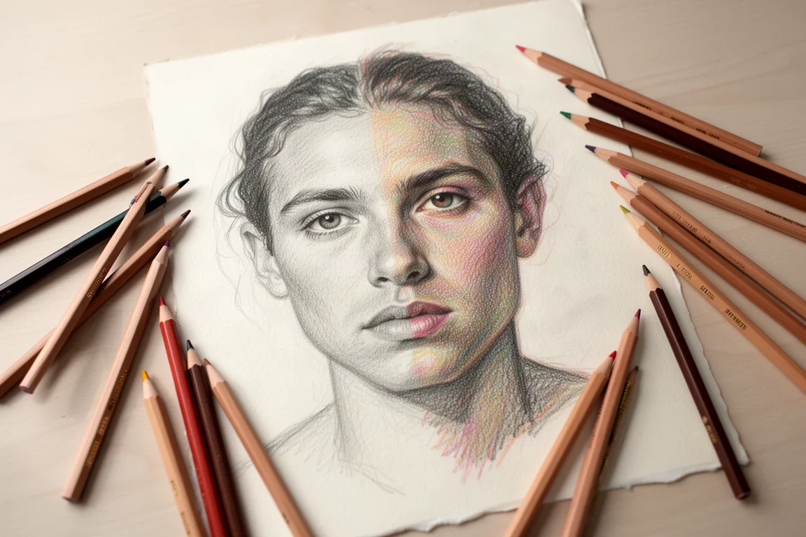Ritratto a matita colorata incompleto su carta da disegno