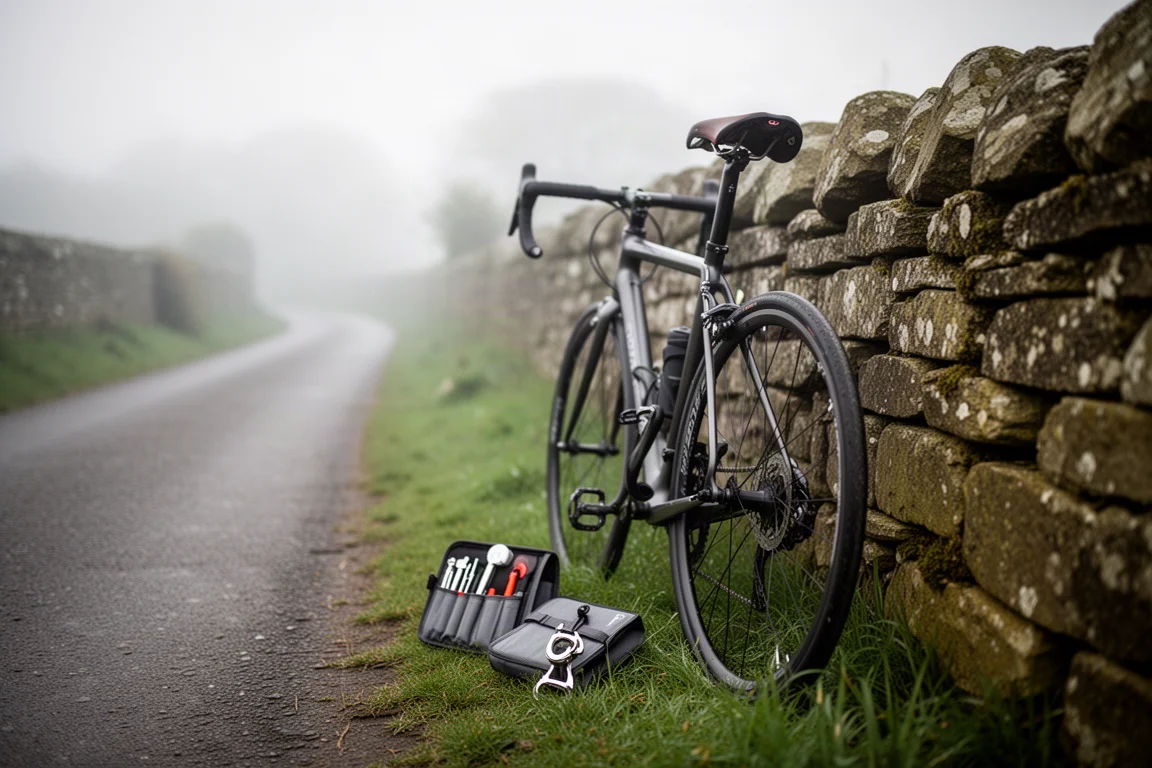Bici da strada appoggiata a un muro di pietra con sella e collarino in evidenza