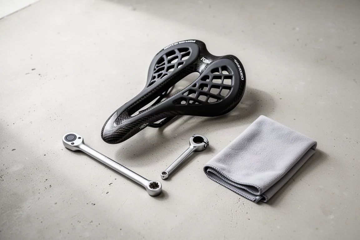 Sella per bici, chiave dinamometrica e collarino reggisella disposti su cemento