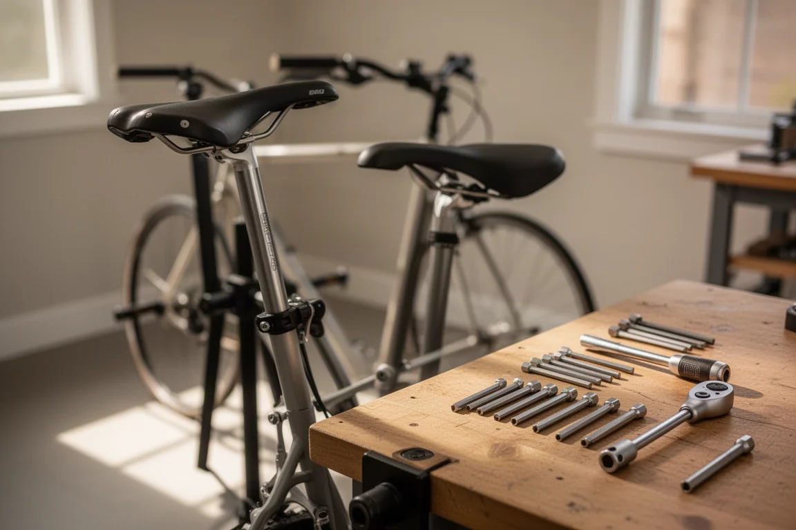 Bici su un cavalletto da officina domestica con chiavi a brugola su un banco di legno