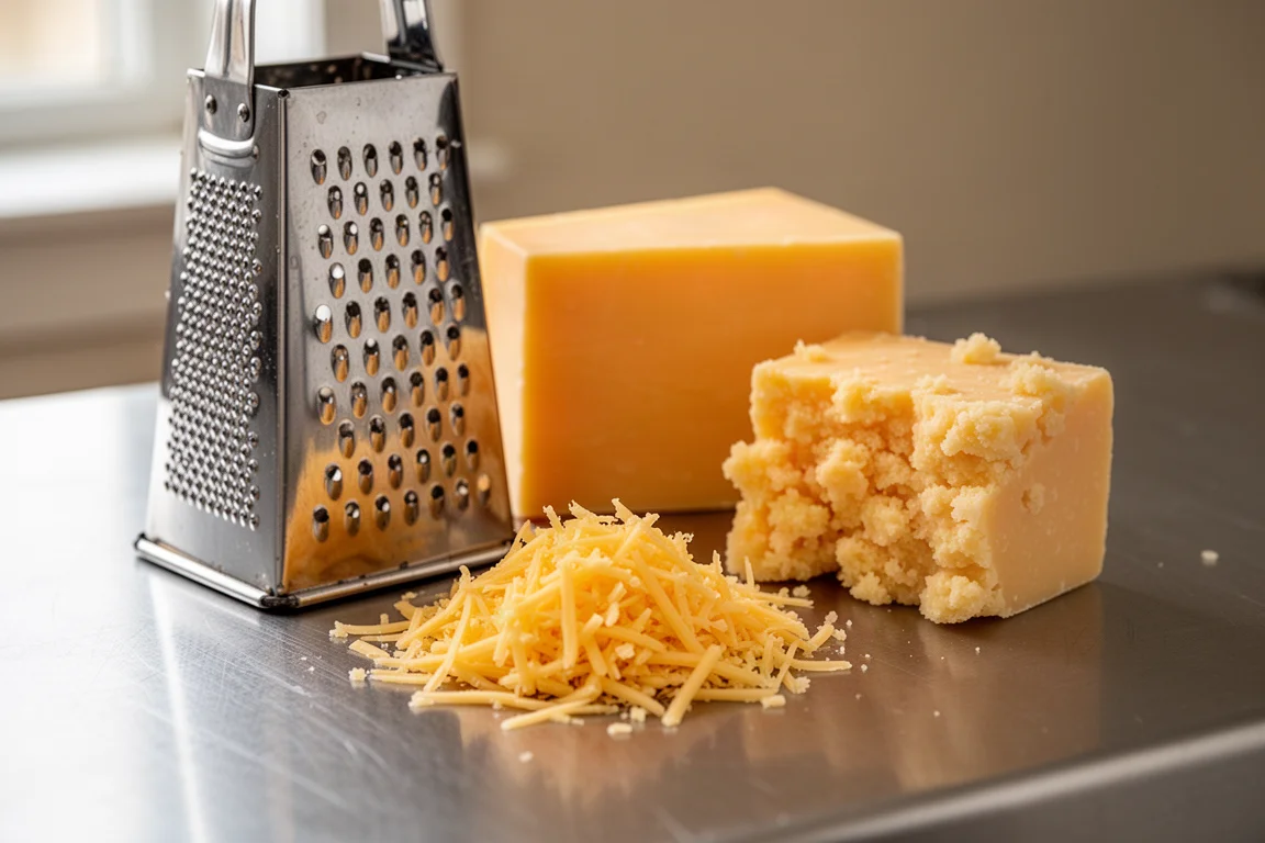Zwei Stücke Cheddar werden auf einer Küchenarbeitsplatte gerieben