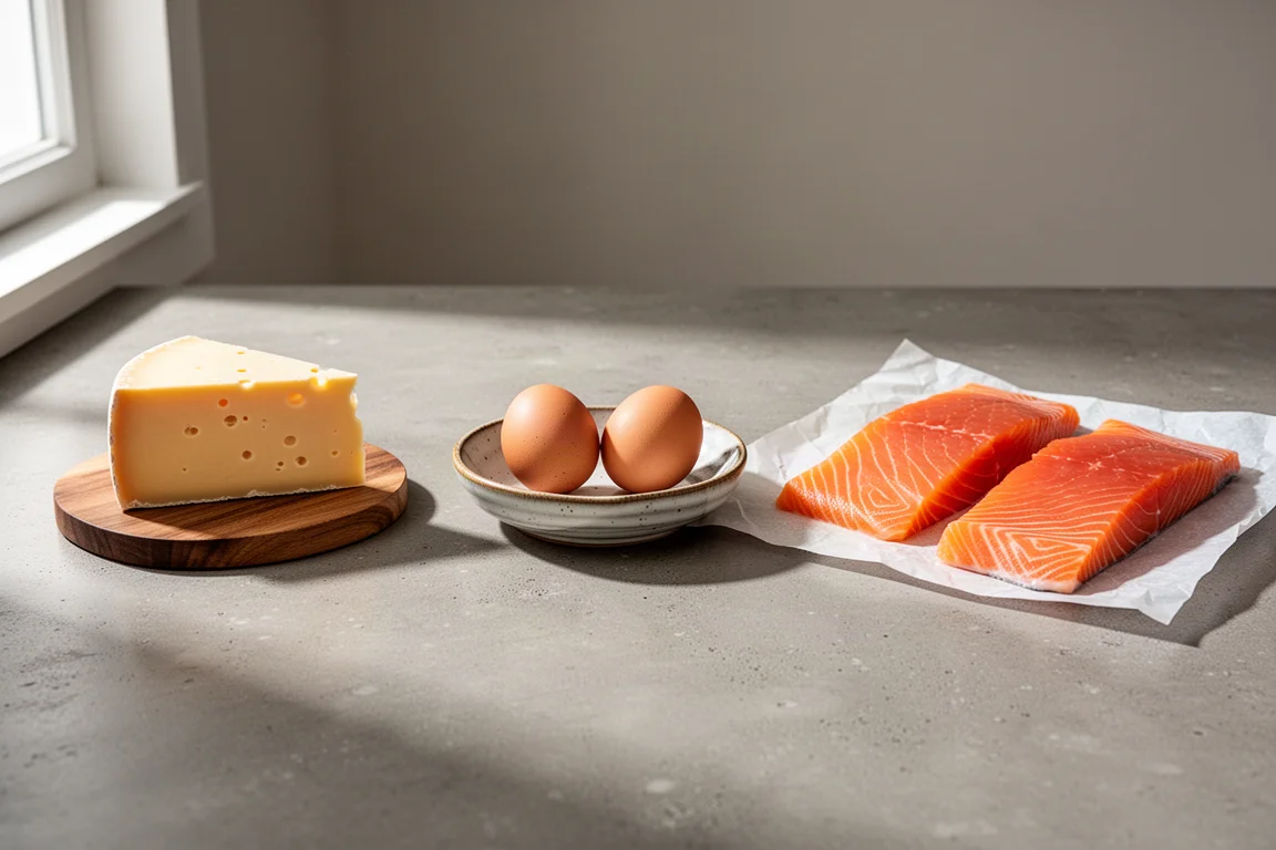 Cheddar-Stück, Eier und Lachsfilets auf einer Beton-Arbeitsplatte in der Küche arrangiert