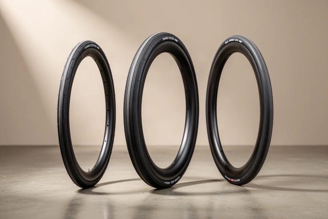 Three road bike tires of different widths standing upright in a row on concrete