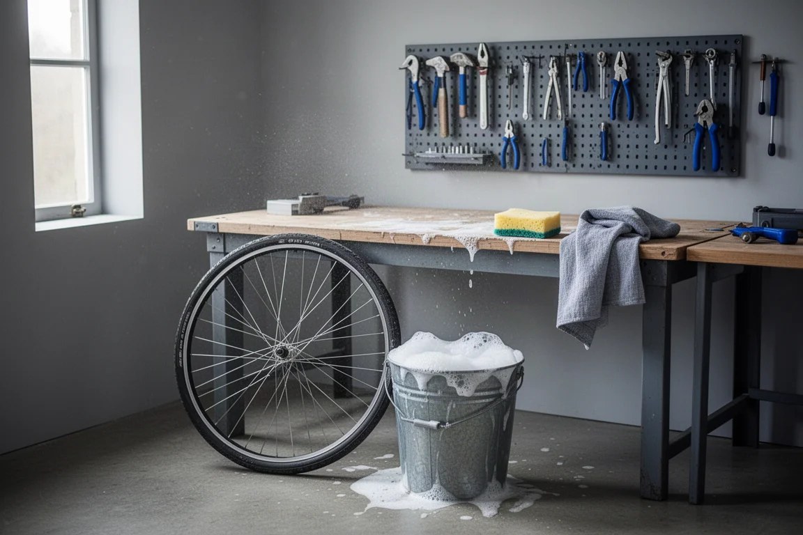 Hemmaverkstad med ett cykelhjul, en hink med tvålvatten och en svamp