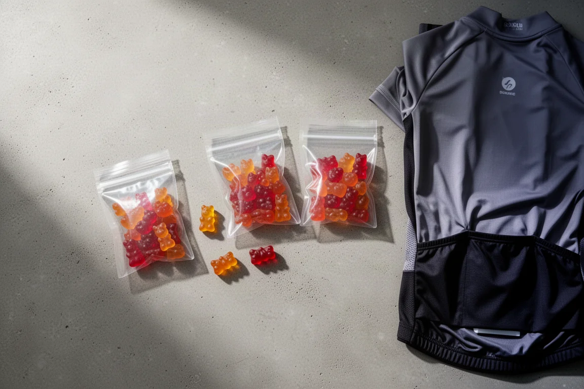 Ziplockpåsar med geléhallon utlagda bredvid en cykeltröja med fickor