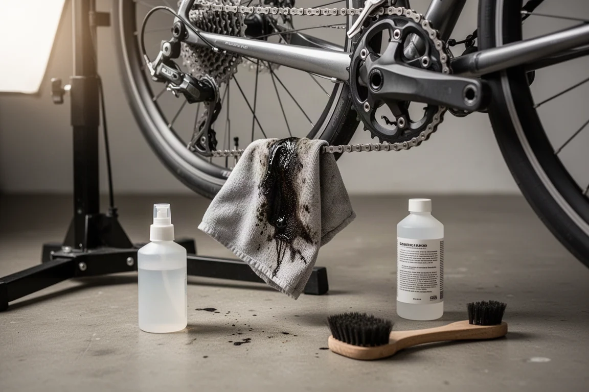 Cykelkedja avtorkad med en trasa bredvid en flaska rengöringsmedel och en borste