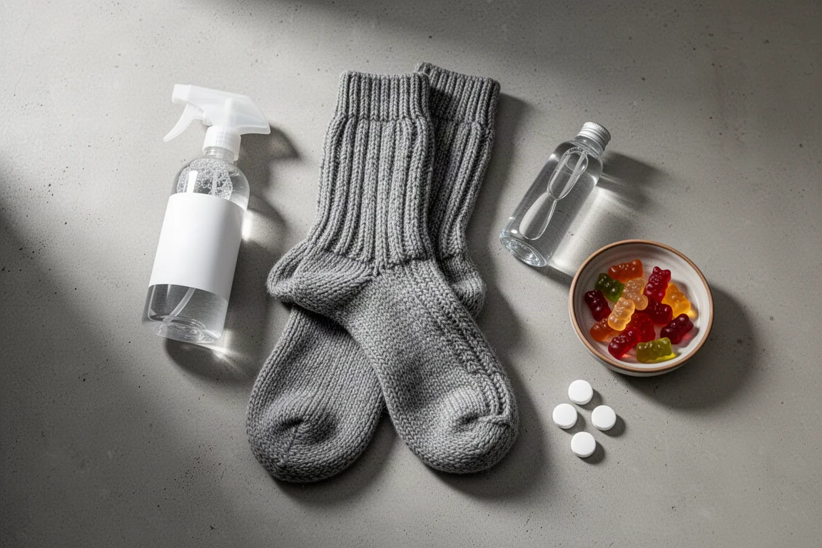 Flat lay van wolsokken, een spuitfles, een bidon, gummiesnoepjes en elektrolyttabletten op beton.