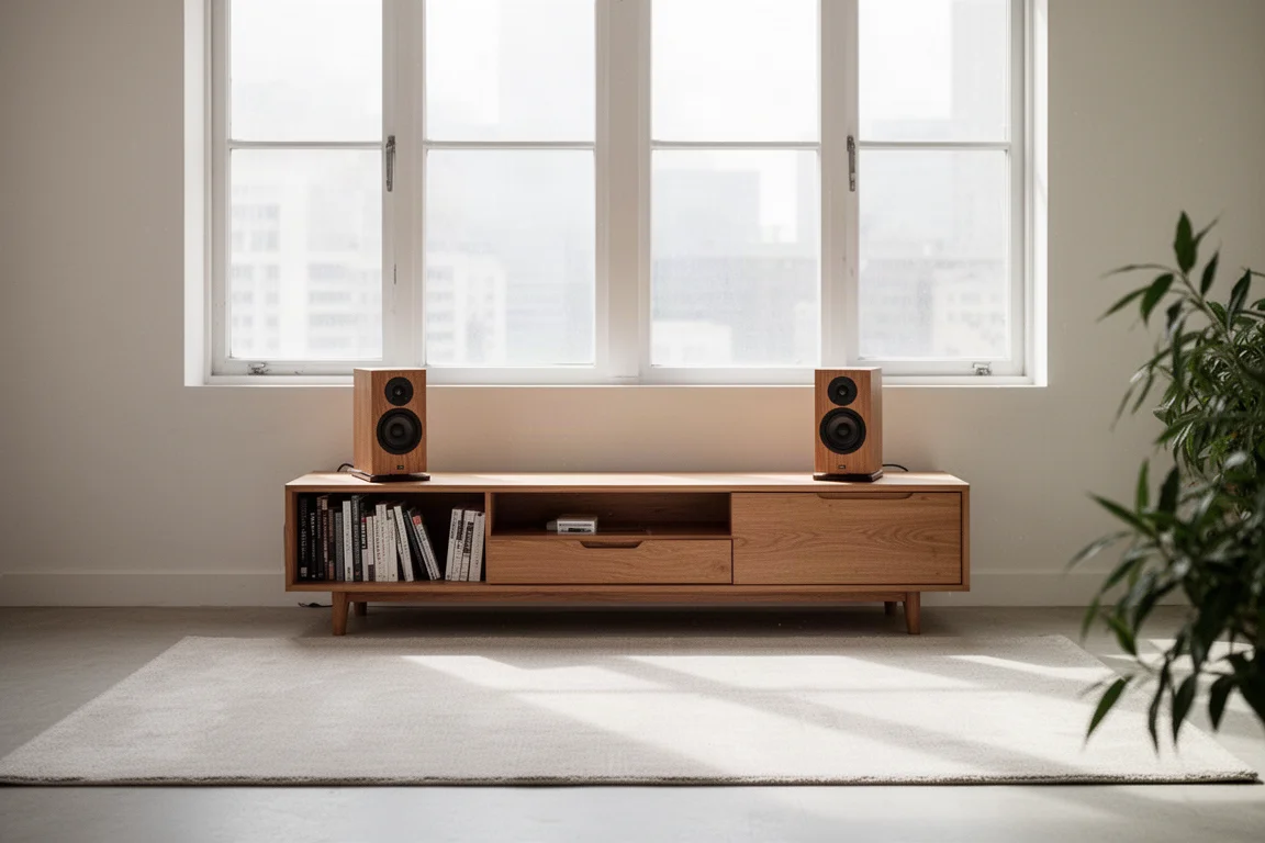 Paar kleine Regallautsprecher auf einem Holzsideboard in einer hellen minimalistischen Wohnung