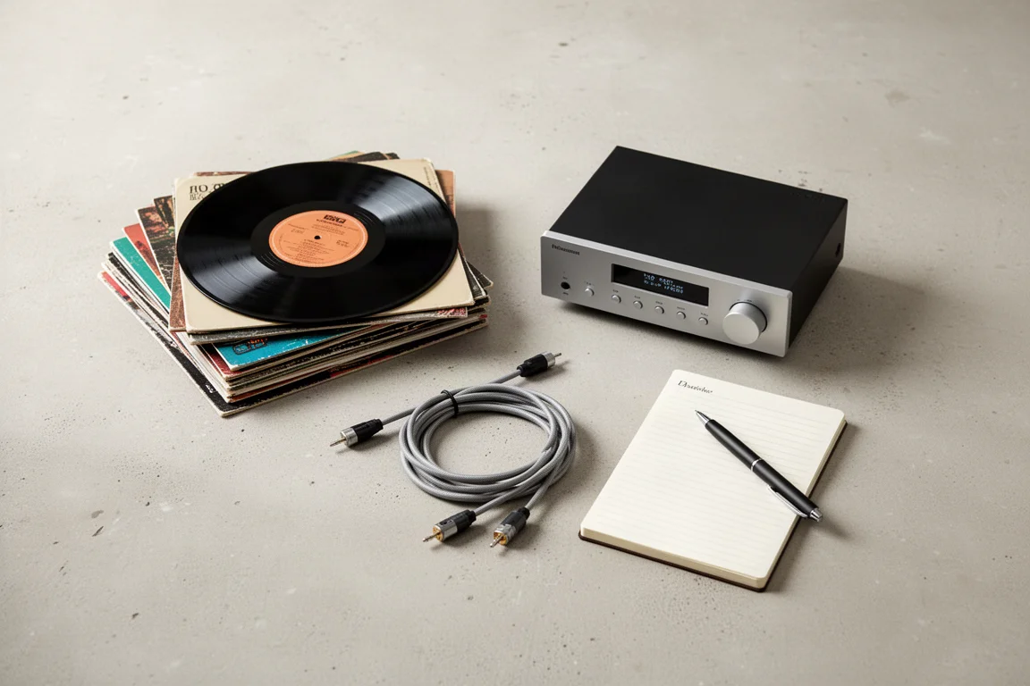 Draufsicht auf Vinylplatten, Lautsprecherkabel und einen kompakten Verstärker auf Beton