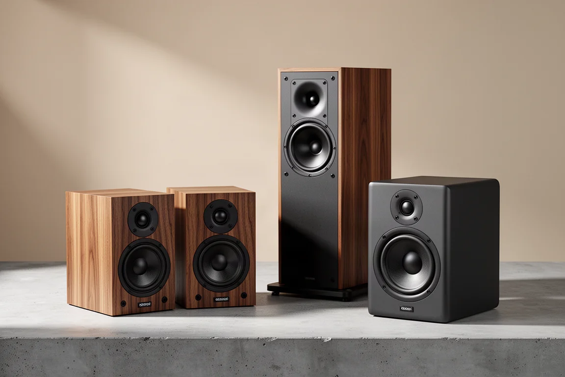 Several compact hi-fi speakers arranged on a concrete surface in soft studio light