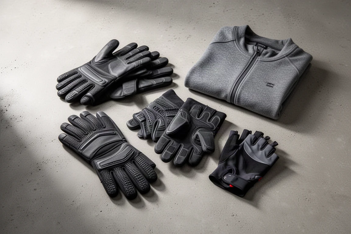 Flatlay von oben: Thermo-Arbeitshandschuhe und ein graues Funktionsshirt auf Beton