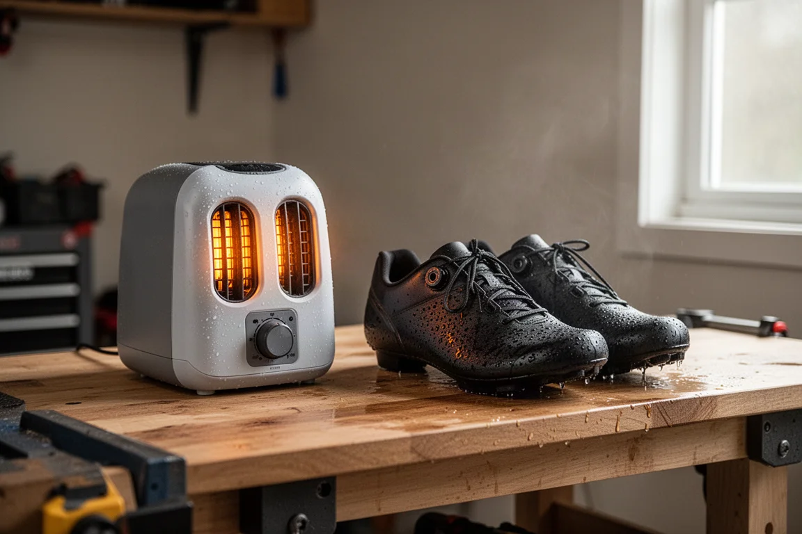 Nasse Fahrradschuhe neben einem kompakten Schuhrockner auf einer Werkbank in der Garage